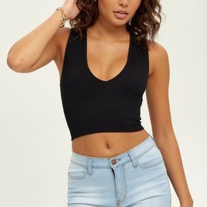 Black Seamless V Neck Ribbed Crop Top